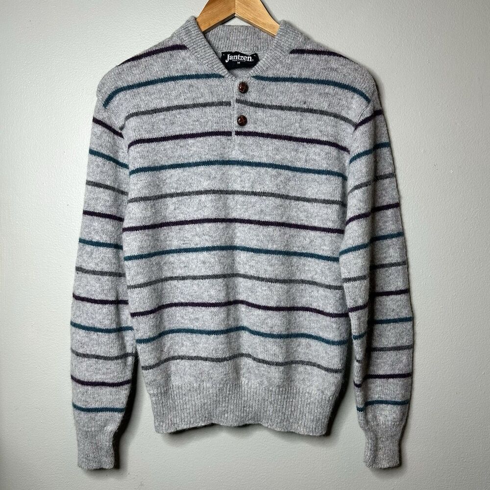 Vintage 80s Jantzen Wool Henley Sweater Women’s M Gray Striped Retro Preppy Mom